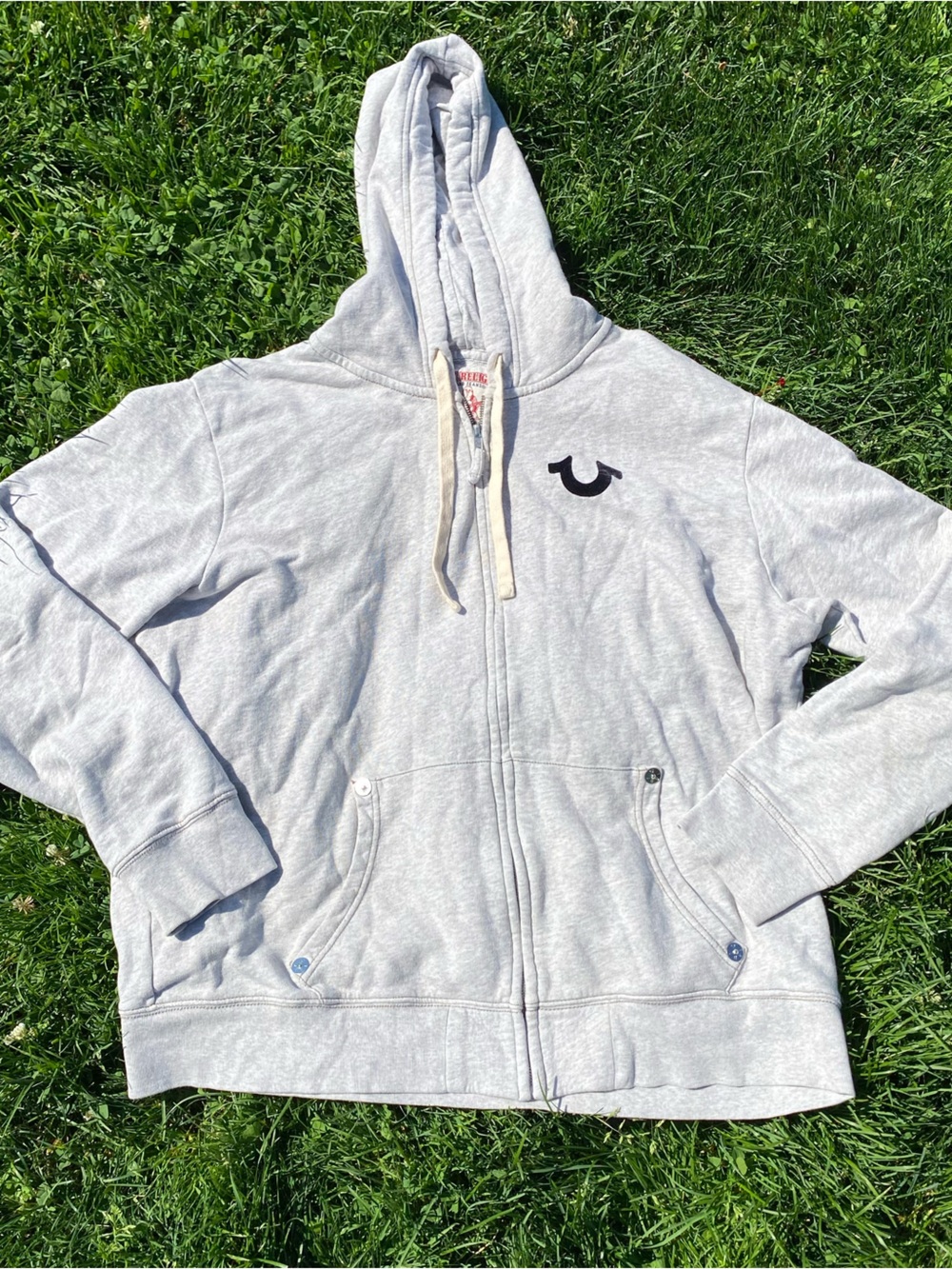 True Religion Light Gray Zip Hoodie with Black Logo Patch